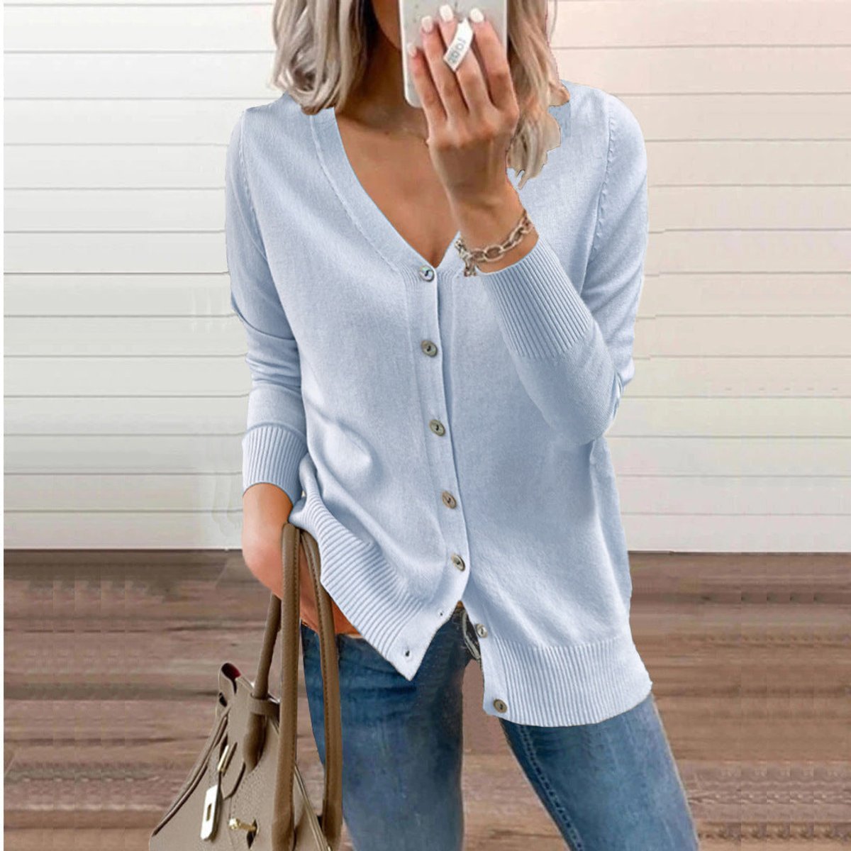 Women's Soft Knit Cardigan with V-Neckline and Ribbed Cuffs