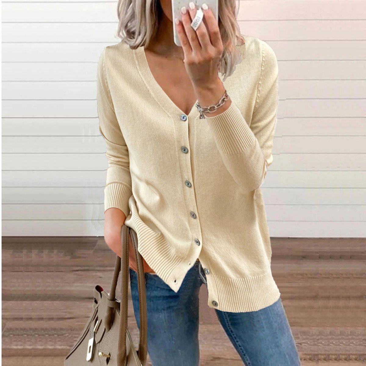 Women's Soft Knit Cardigan with V-Neckline and Ribbed Cuffs