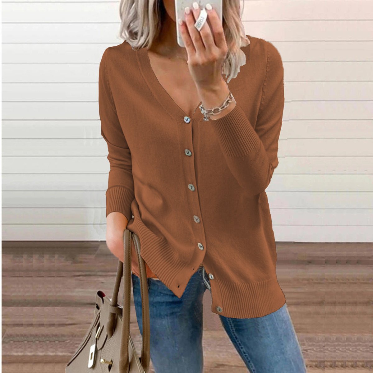 Women's Soft Knit Cardigan with V-Neckline and Ribbed Cuffs