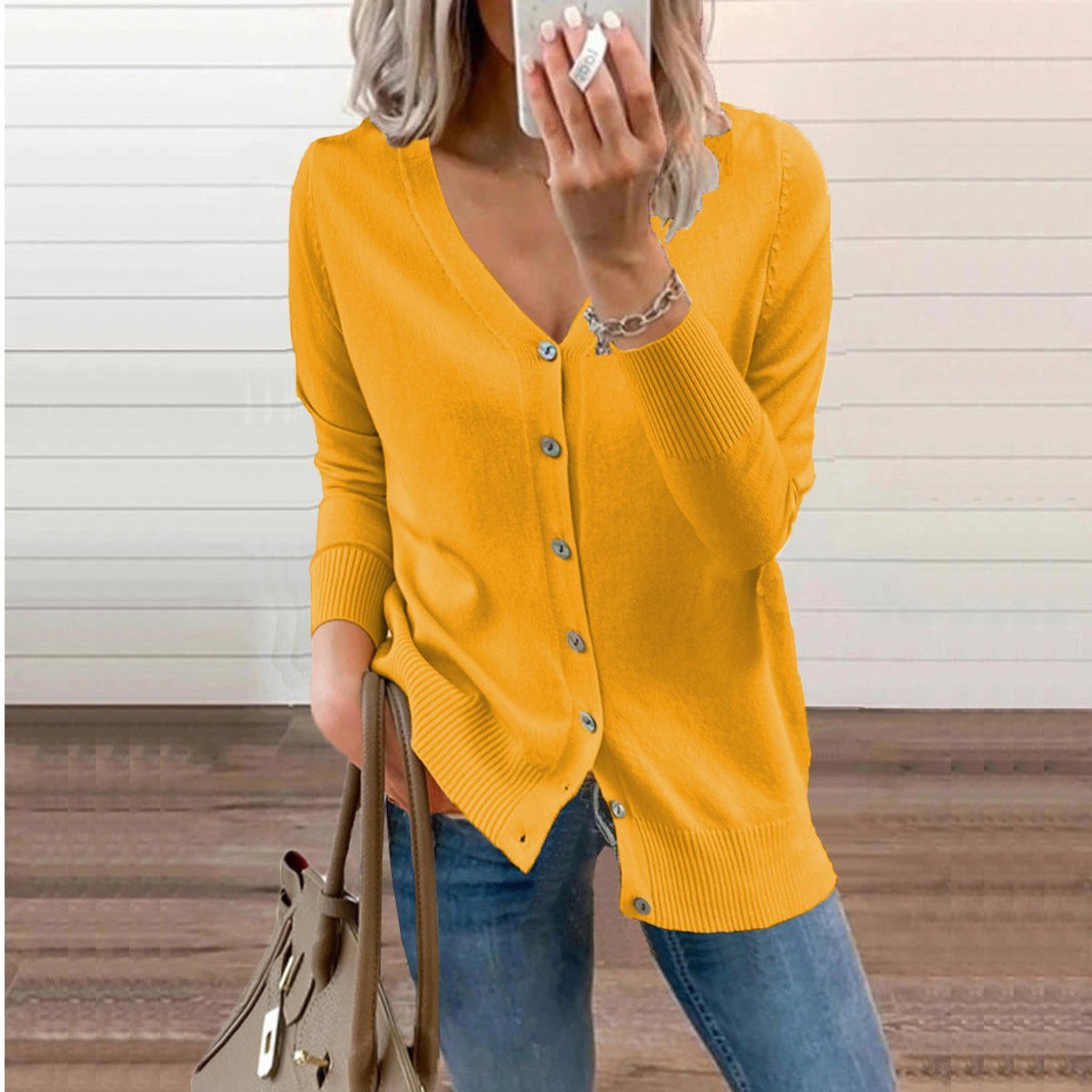 Women's Soft Knit Cardigan with V-Neckline and Ribbed Cuffs