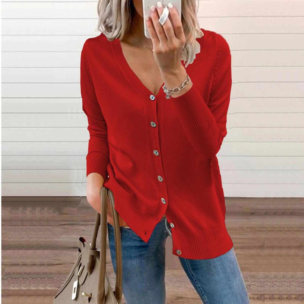 Women's Soft Knit Cardigan with V-Neckline and Ribbed Cuffs