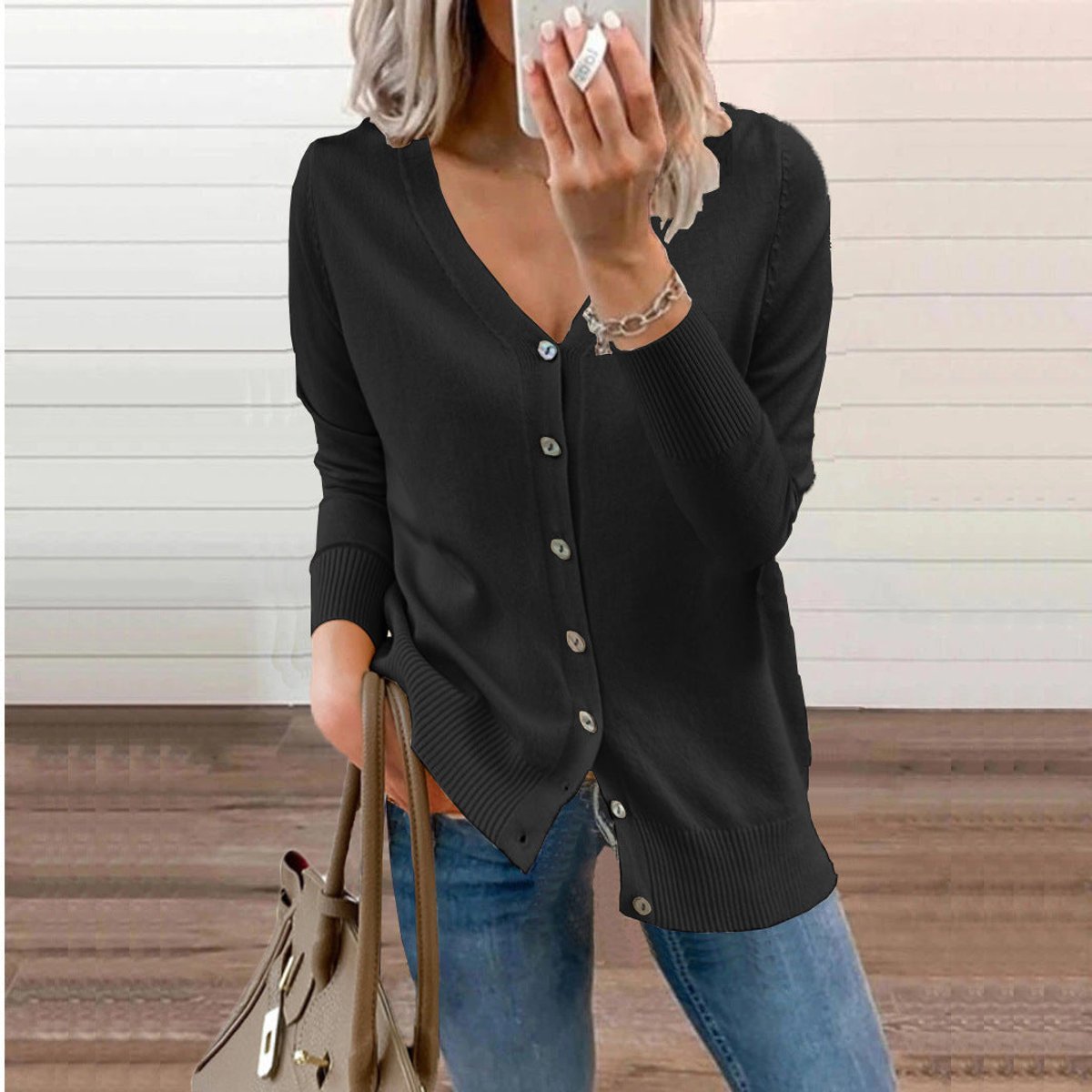 Women's Soft Knit Cardigan with V-Neckline and Ribbed Cuffs
