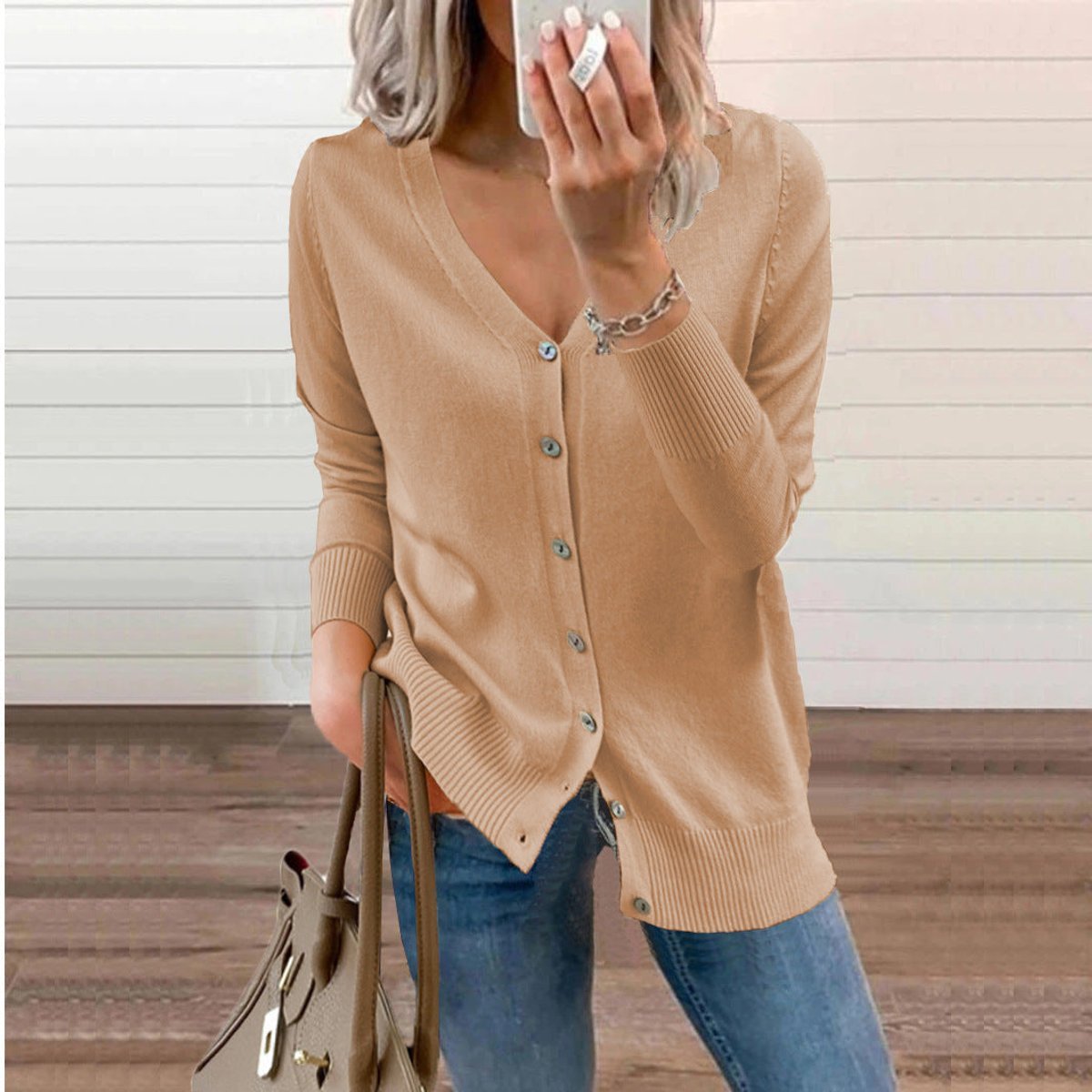 Women's Soft Knit Cardigan with V-Neckline and Ribbed Cuffs