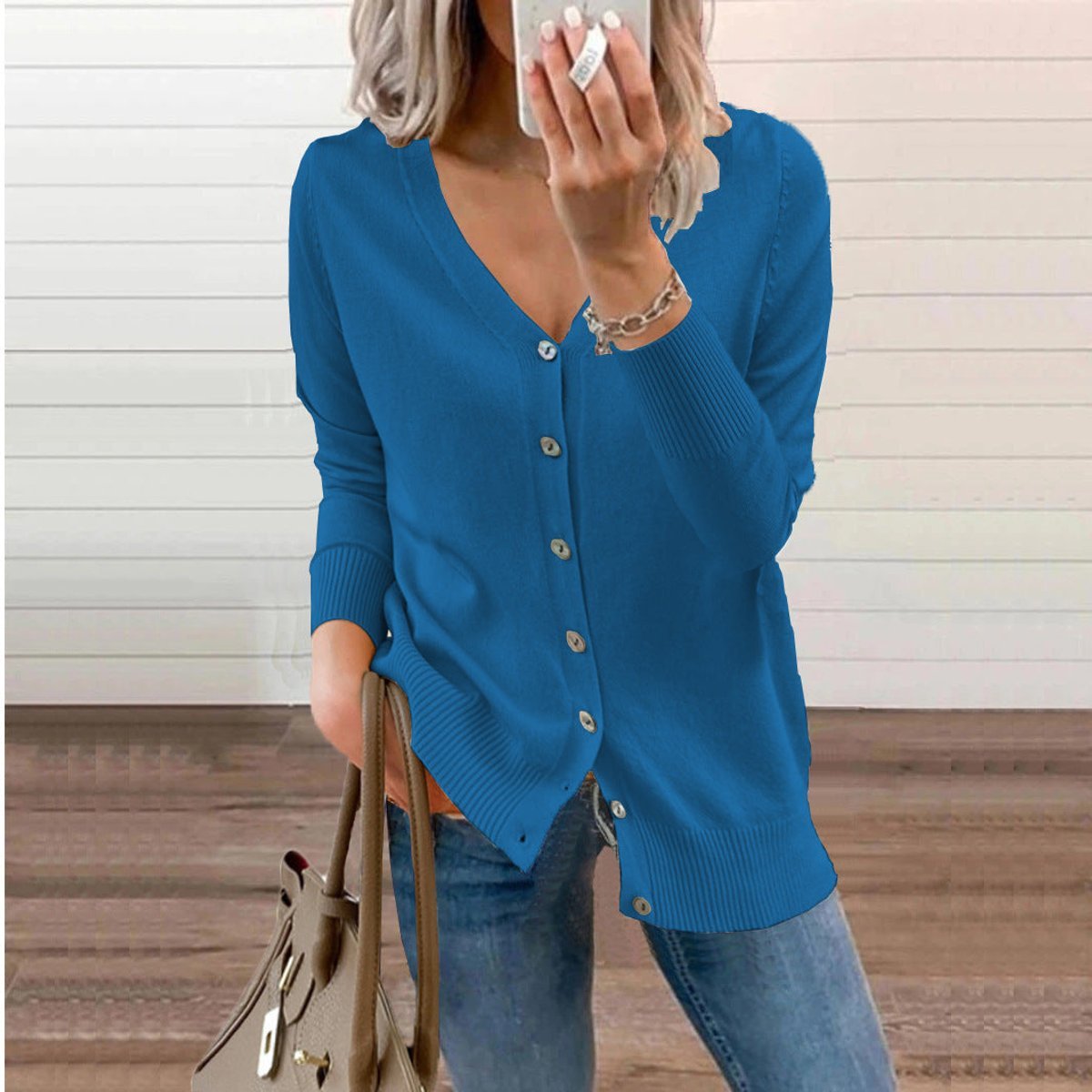 Women's Soft Knit Cardigan with V-Neckline and Ribbed Cuffs