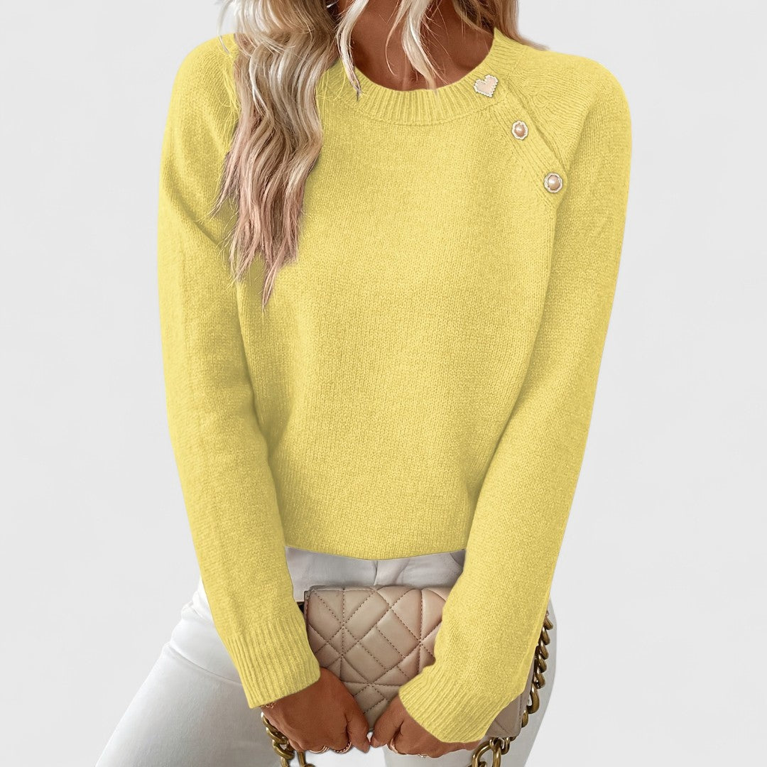 Women's Soft Knit Sweater with Pearl Button Detail and Crew Neck