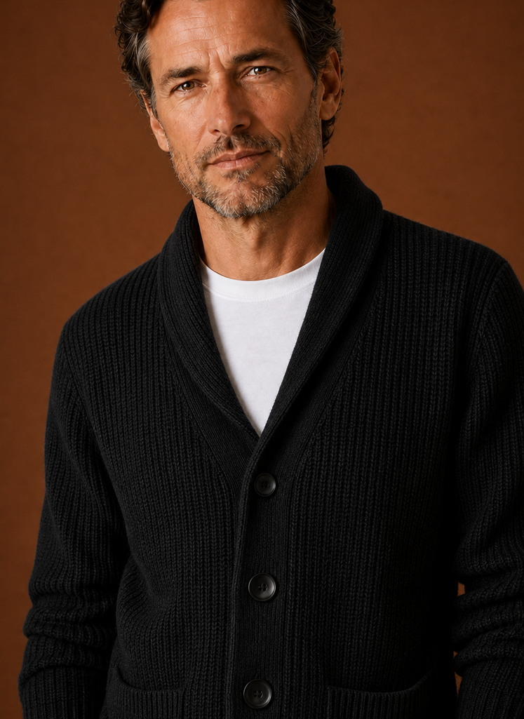 Men's Knitted Shawl Collar Cardigan in Black, close-up detail