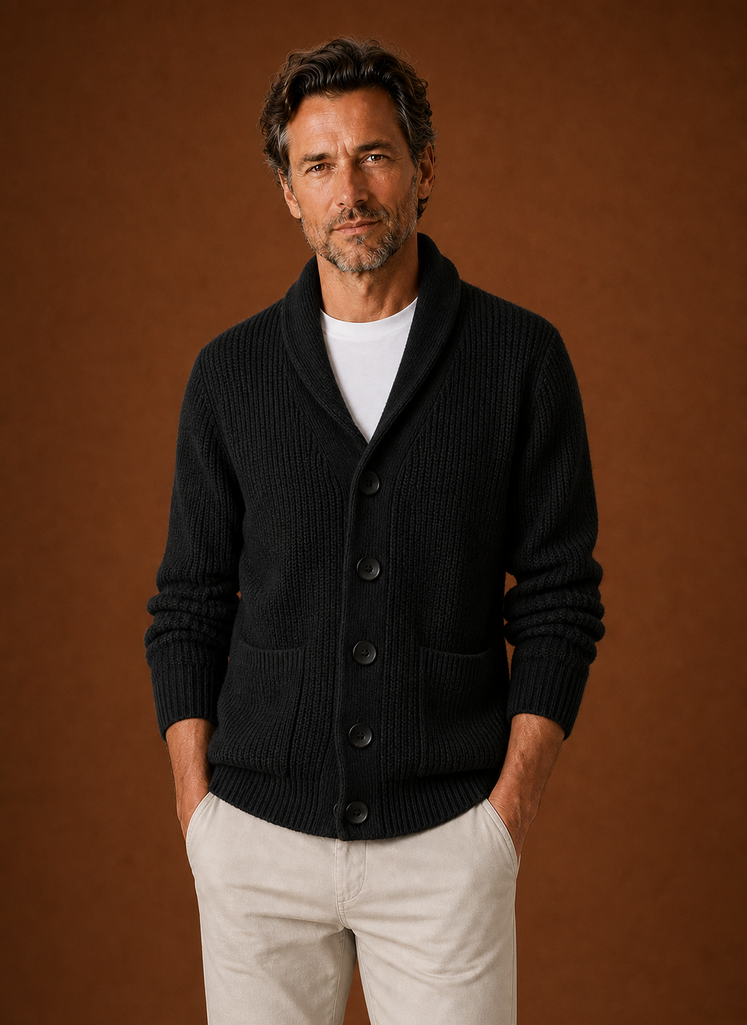 Men's Knitted Shawl Collar Cardigan in Black, front view