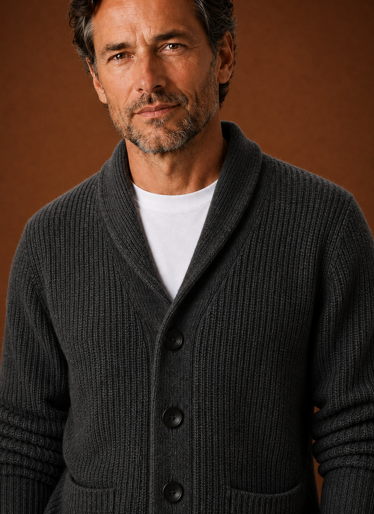 Men's Knitted Shawl Collar Cardigan in Dark Grey, close-up detail