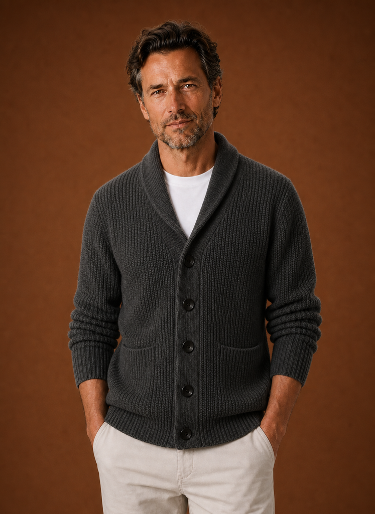 Men's Knitted Shawl Collar Cardigan in Dark Grey, front view