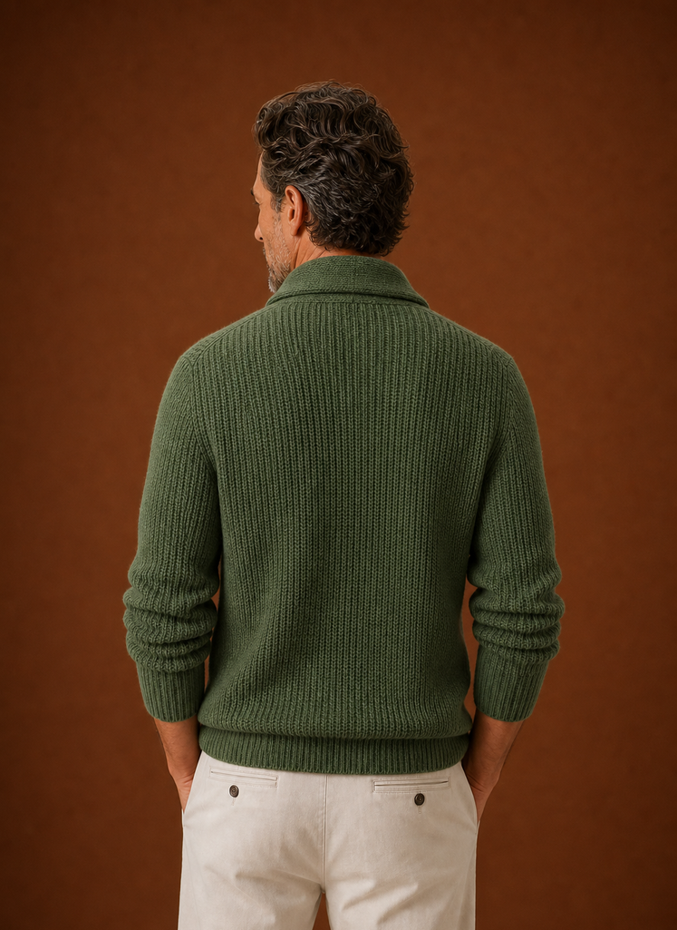 Men's Knitted Shawl Collar Cardigan in Green, back view