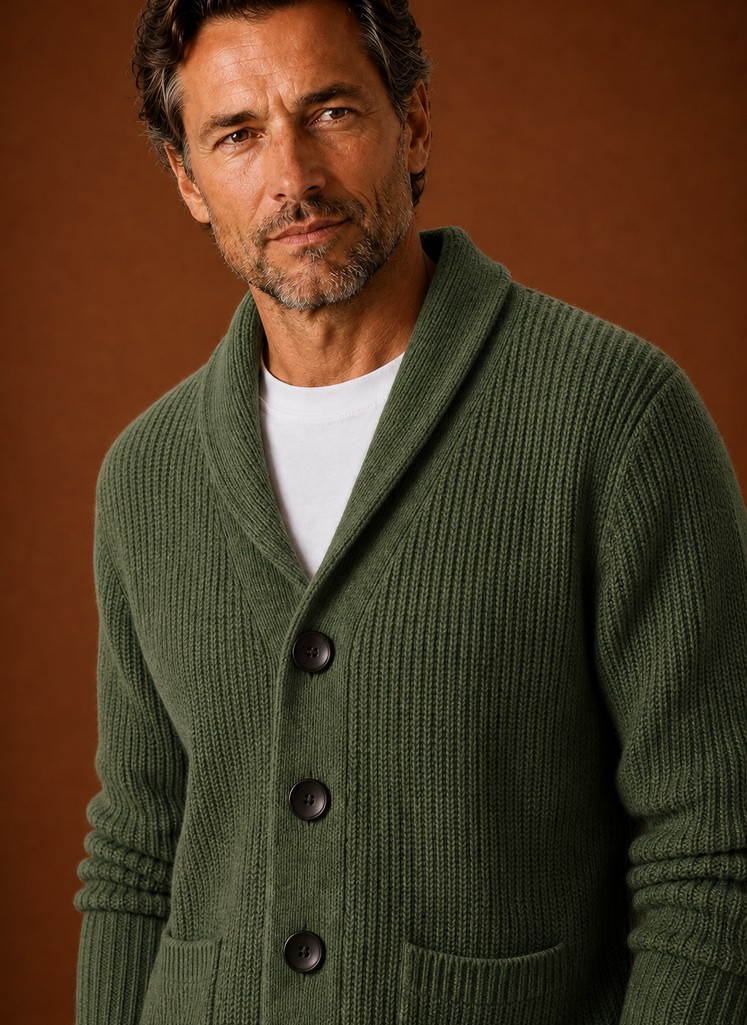 Men's Knitted Shawl Collar Cardigan in Green, close-up detail