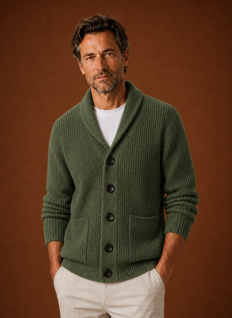 Men's Knitted Shawl Collar Cardigan in Green, front view