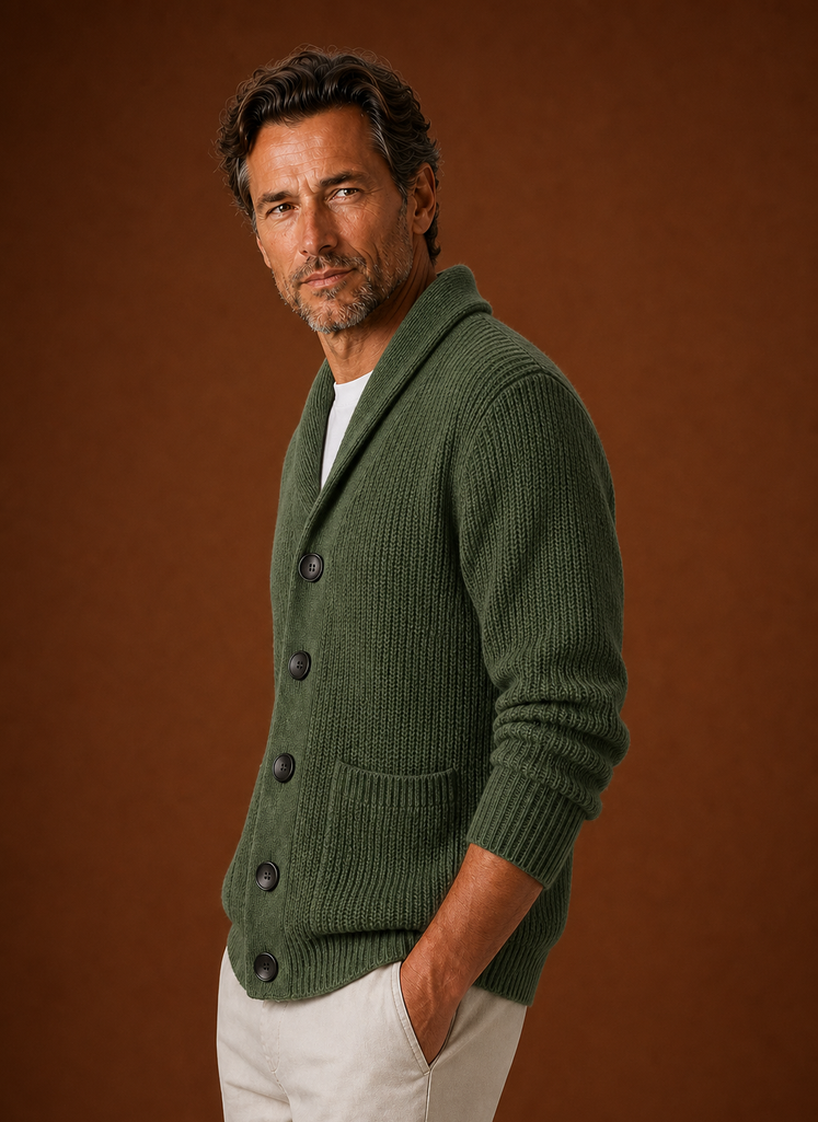 Men's Knitted Shawl Collar Cardigan in Green, side view