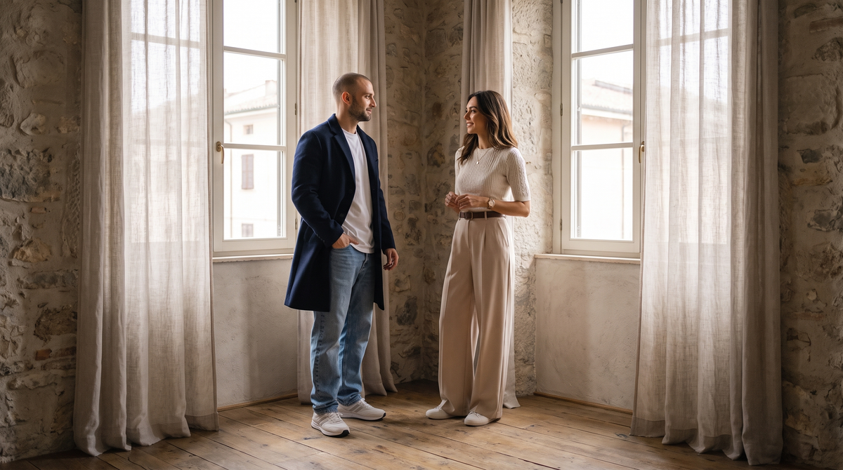 Two people in everyday clothing talking in a bright daylight interior