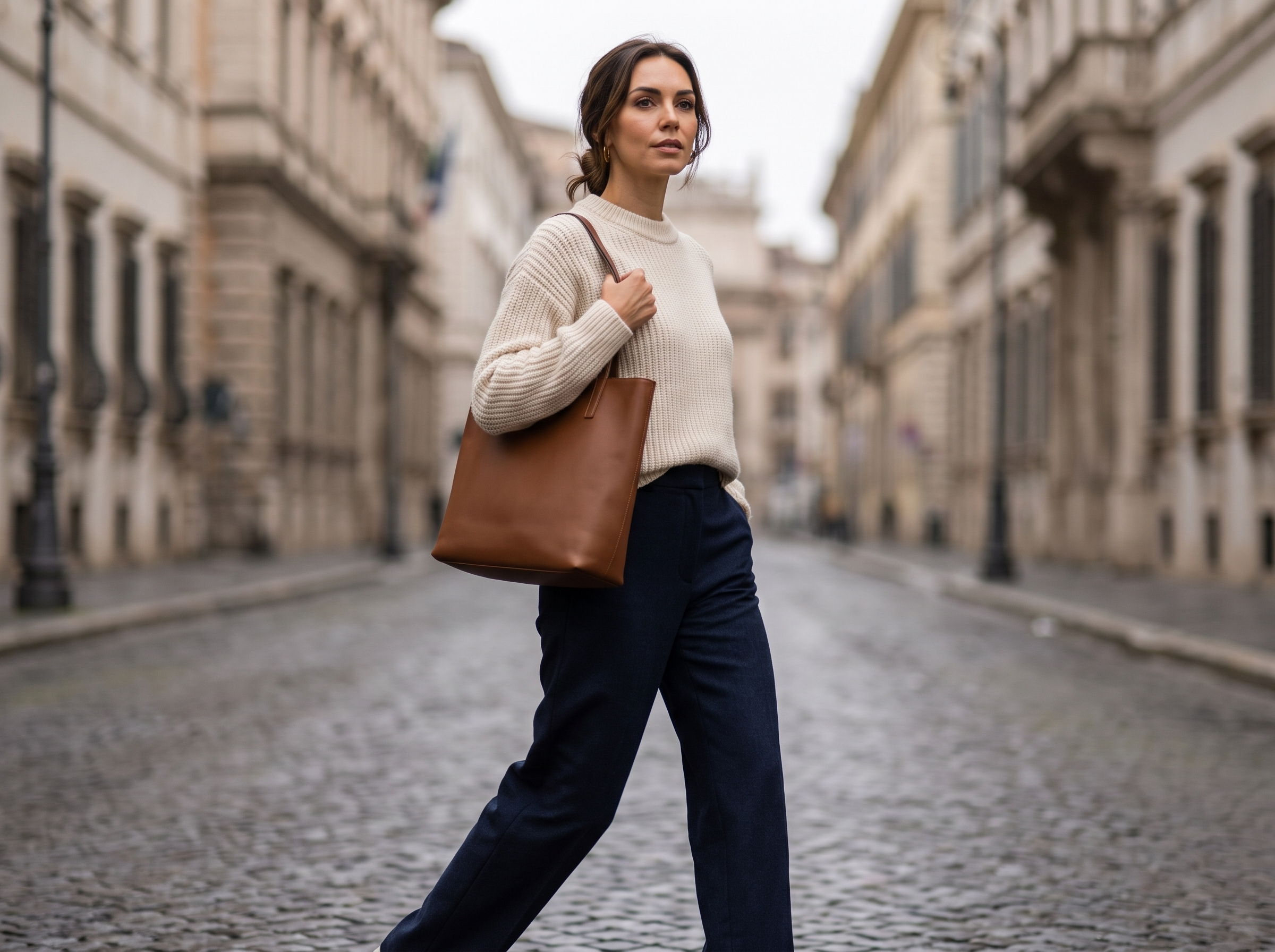 A woman in a cream knitted jumper walking on a quiet city street