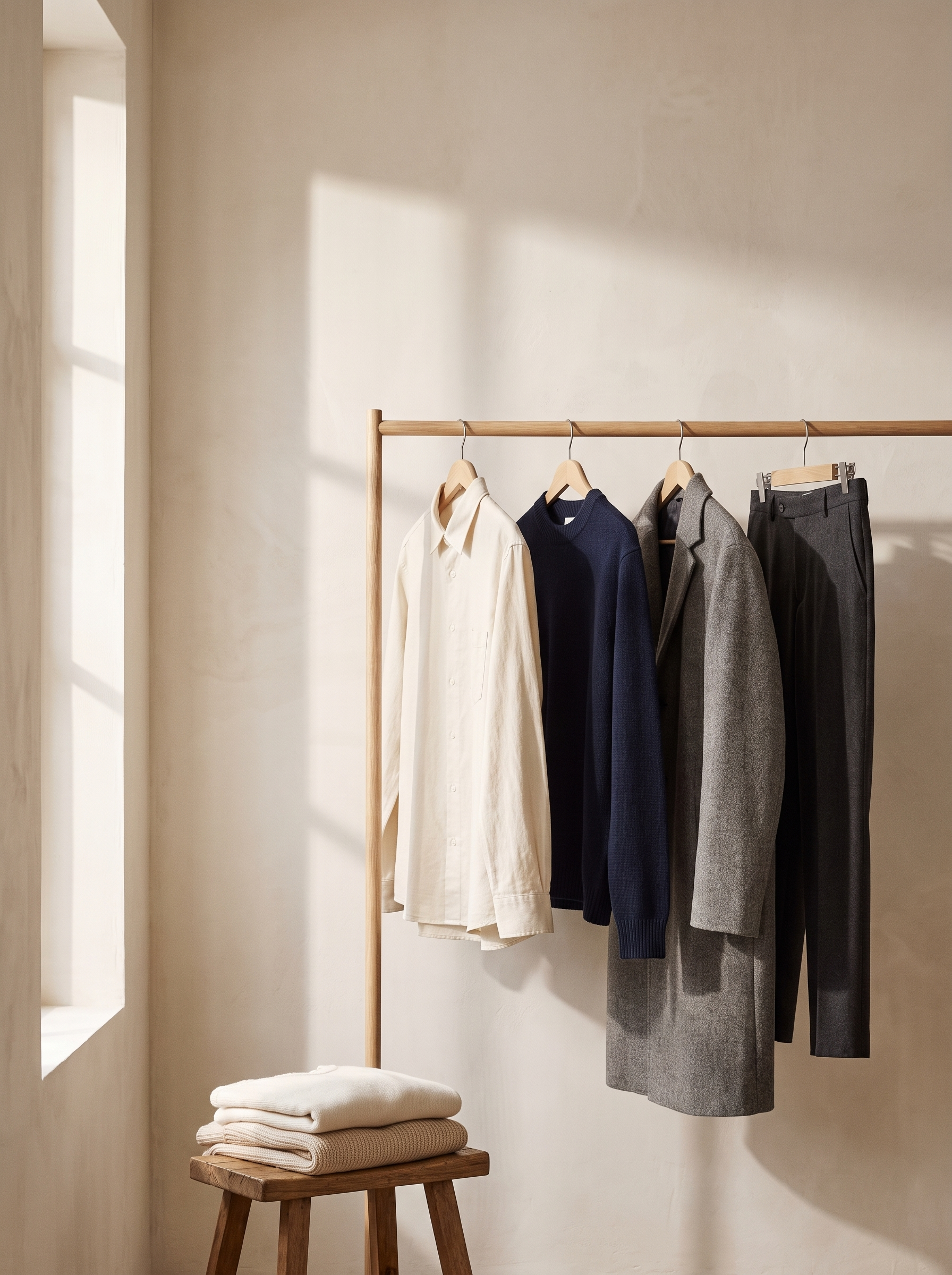 A wooden clothing rail holding a small number of plain neutral garments in a bright room
