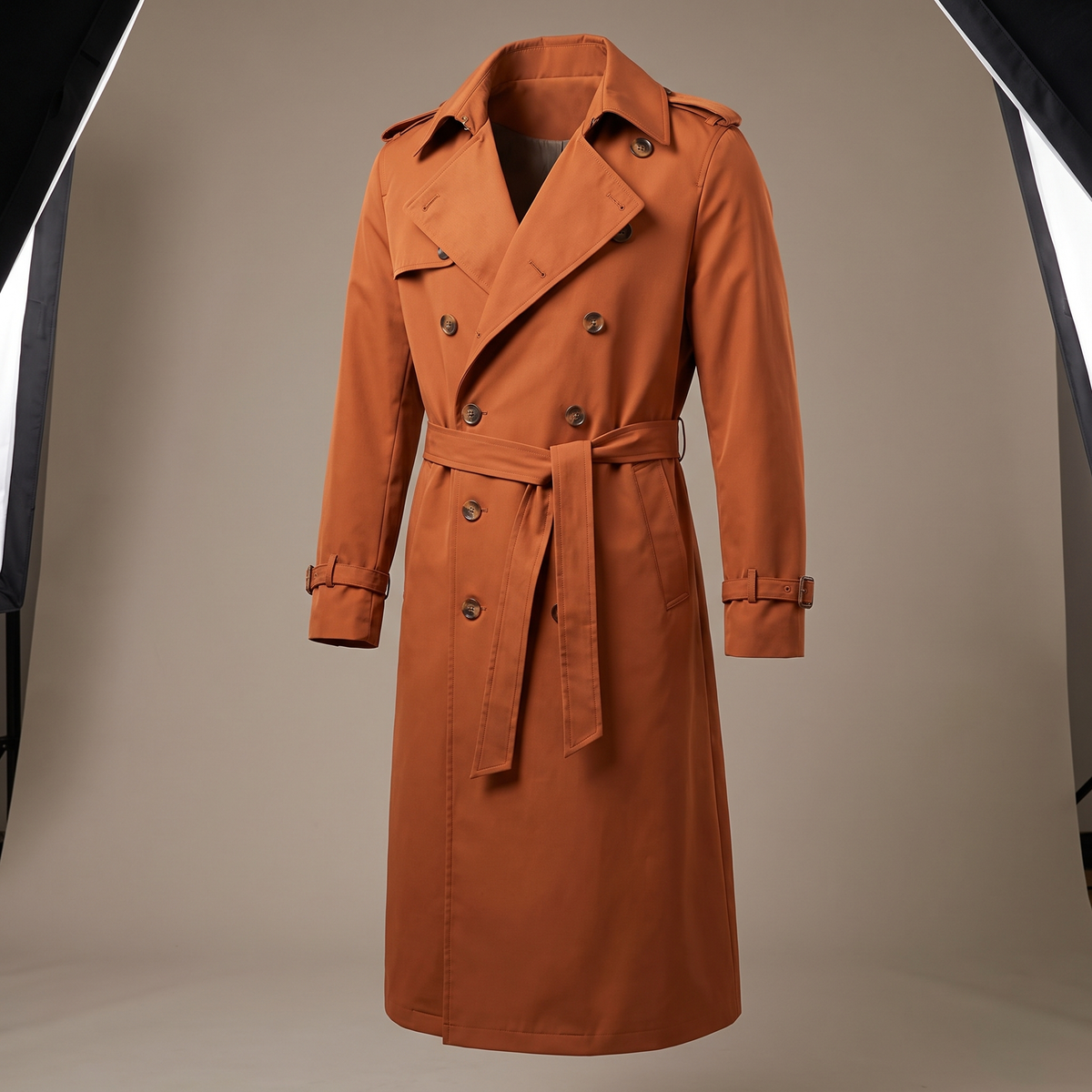 Men's Long Trench Coat with Belt in Orange - studio