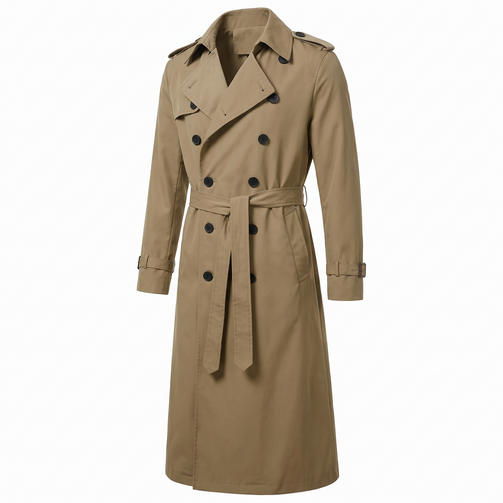 Men's Long Trench Coat with Belt in Khaki - white background