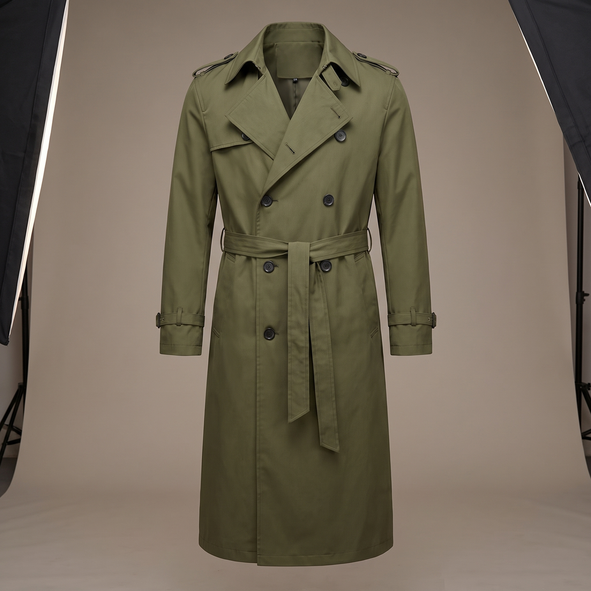 Men's Long Trench Coat with Belt in Green - studio