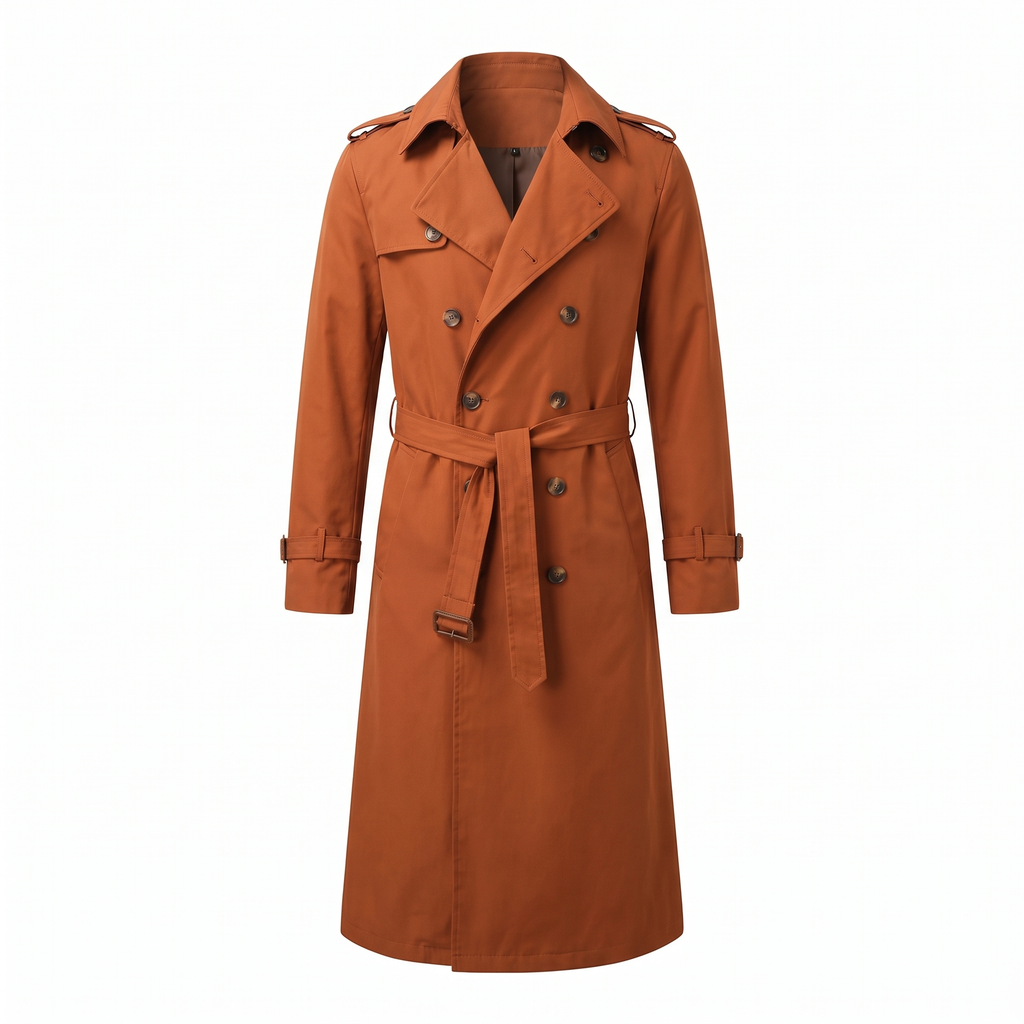 Men's Long Trench Coat with Belt in Orange - white background