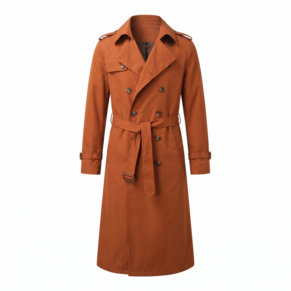 Men's Long Trench Coat with Belt in Orange - white background
