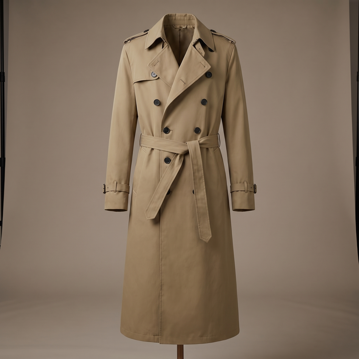 Men's Long Trench Coat with Belt in Khaki - studio