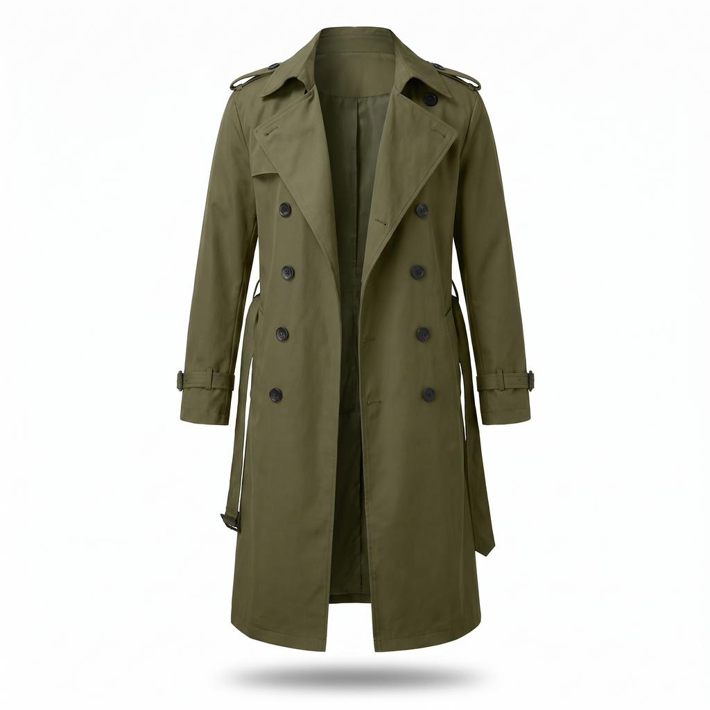 Men's Long Trench Coat with Belt in Green - white background
