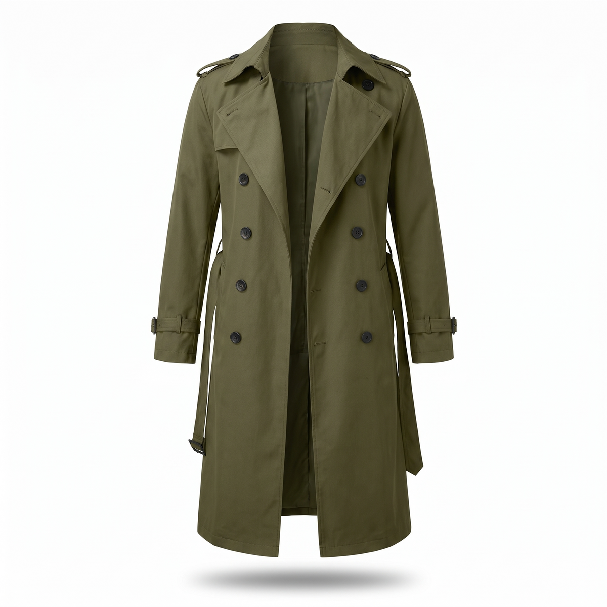 Men's Long Trench Coat with Belt in Green - white background