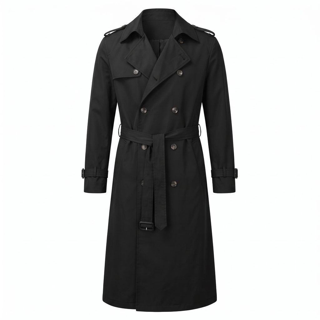 Men's Long Trench Coat with Belt in Black - white background