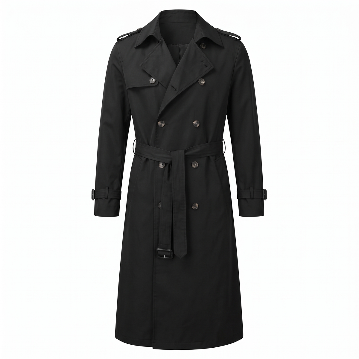 Men's Long Trench Coat with Belt in Black - white background