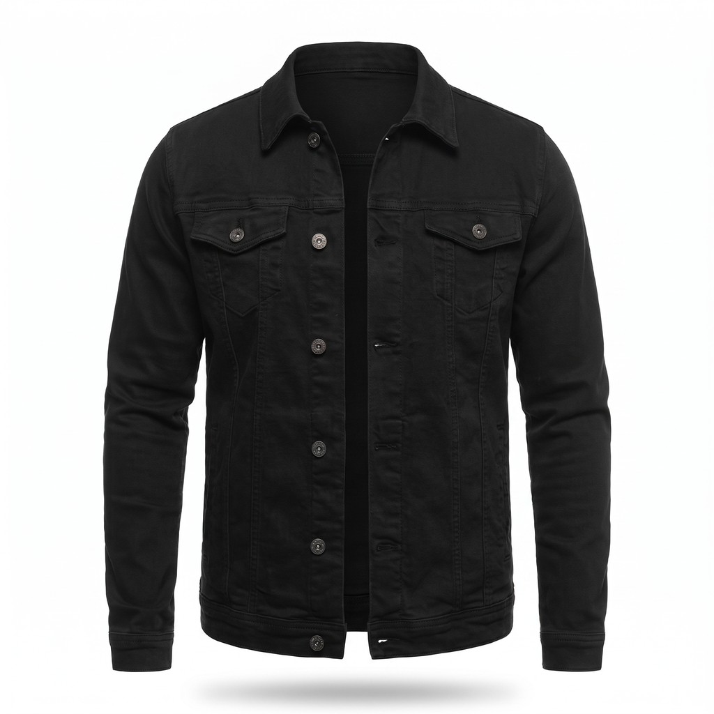 Men's Denim Shirt Jacket with Chest Pockets in Black - white background