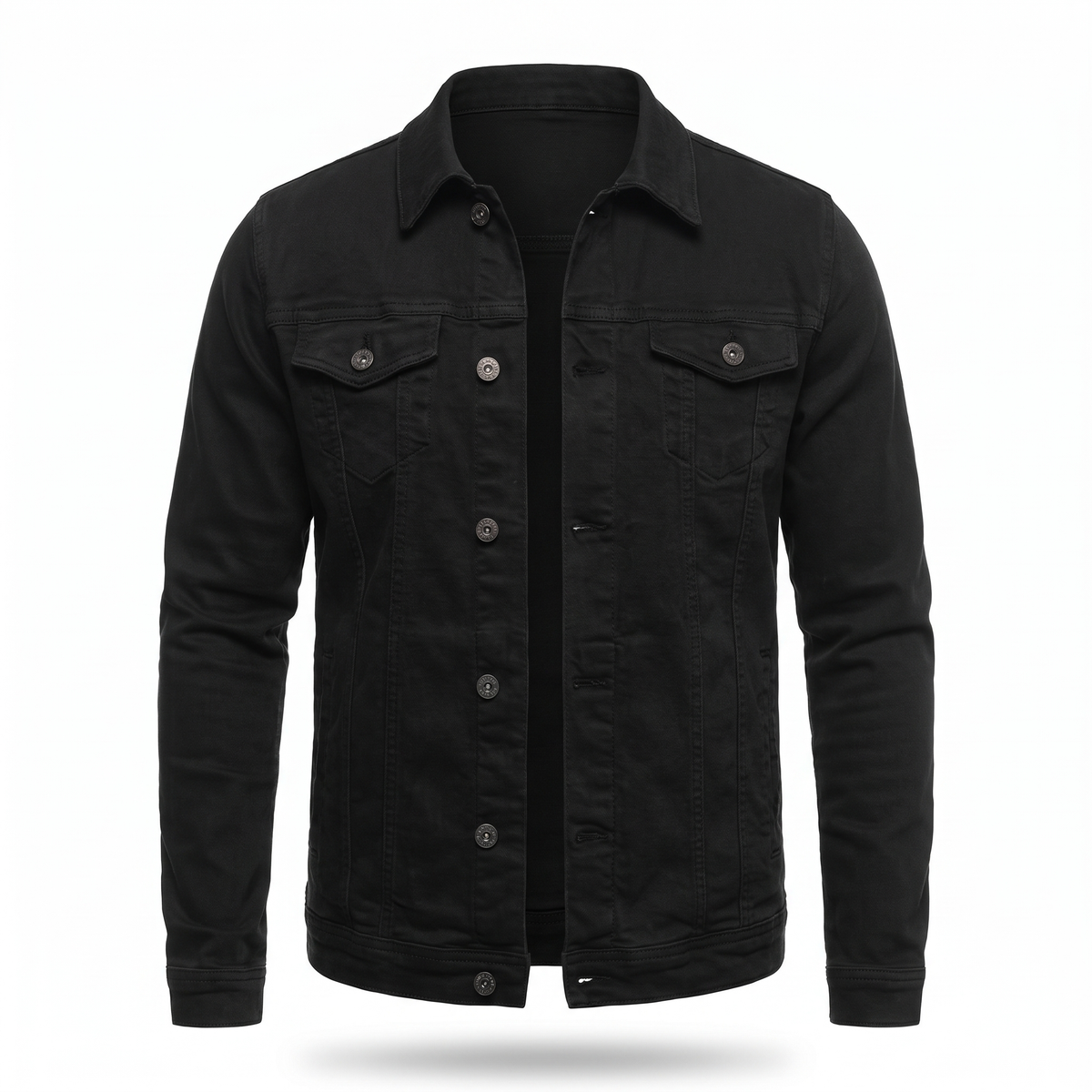 Men's Denim Shirt Jacket with Chest Pockets in Black - white background