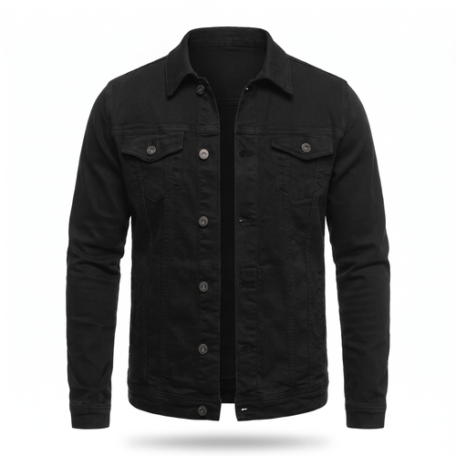 Men's Denim Shirt Jacket with Chest Pockets in Black - white background