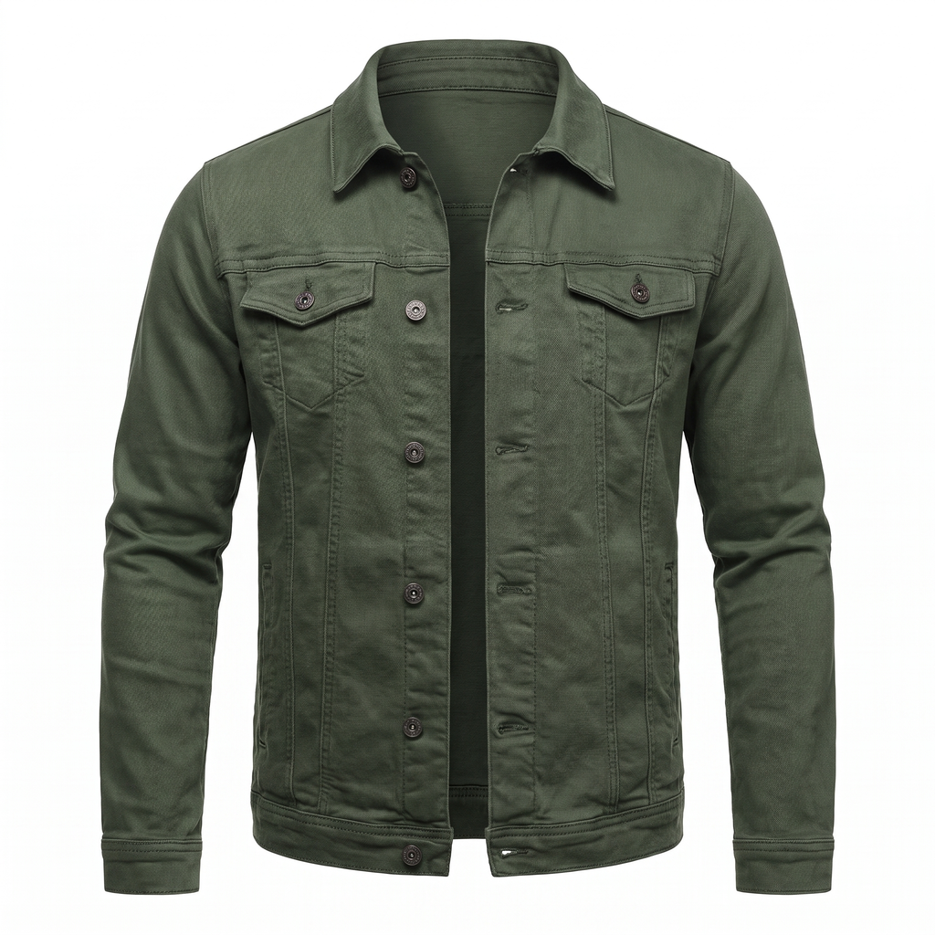 Men's Denim Shirt Jacket with Chest Pockets in Green - white background