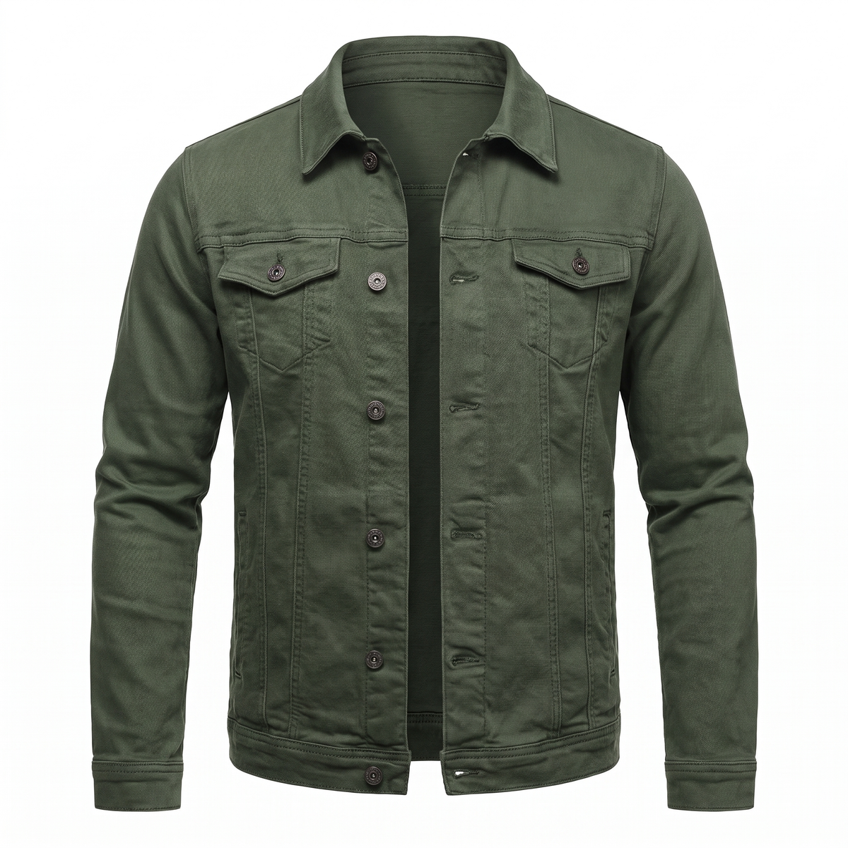 Men's Denim Shirt Jacket with Chest Pockets in Green - white background