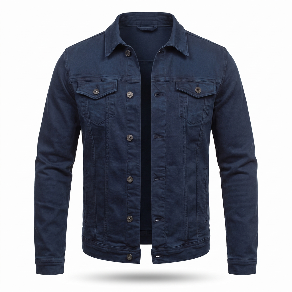 Men's Denim Shirt Jacket with Chest Pockets in Navy - white background