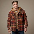 Men's Flannel Hooded Jacket - Plaid Pattern in Brown - worn by model