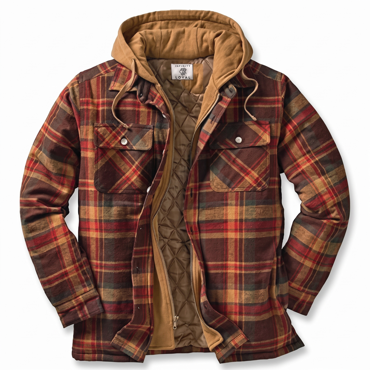 Men's Flannel Hooded Jacket - Plaid Pattern in Brown - white background