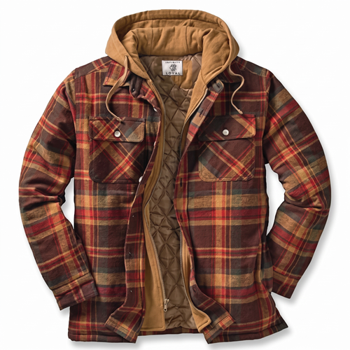 Men's Flannel Hooded Jacket - Plaid Pattern in Brown - white background