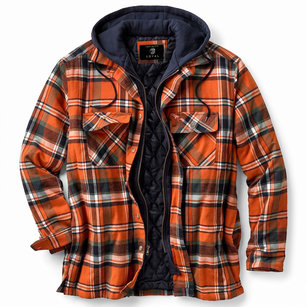 Men's Flannel Hooded Jacket - Plaid Pattern in Orange - white background