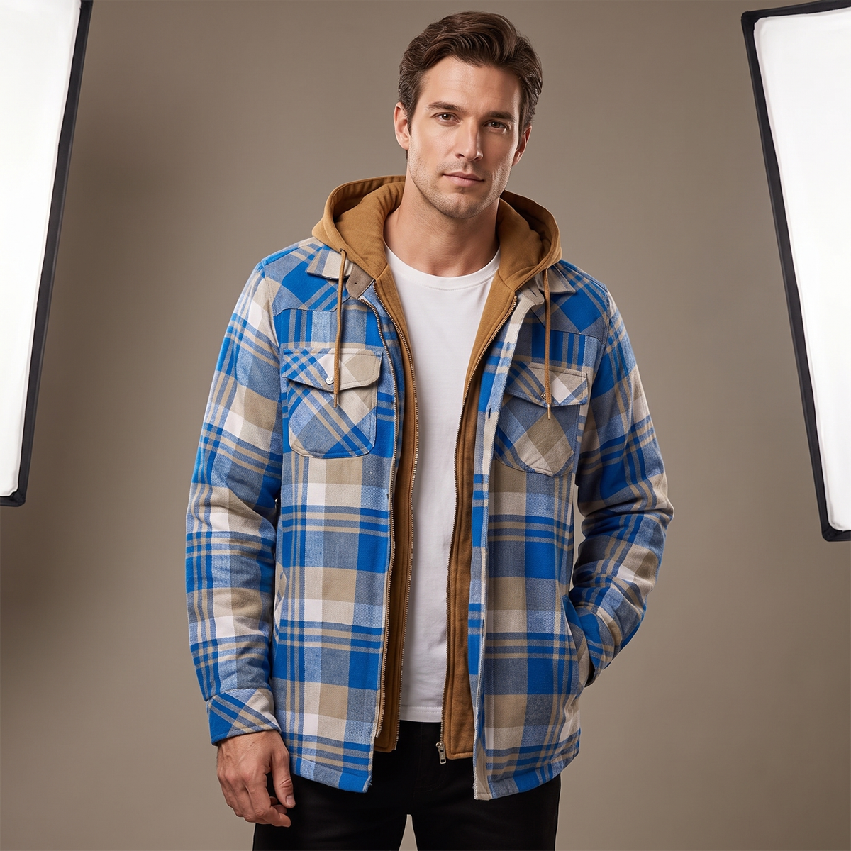 Men's Flannel Hooded Jacket - Plaid Pattern in Blue - worn by model