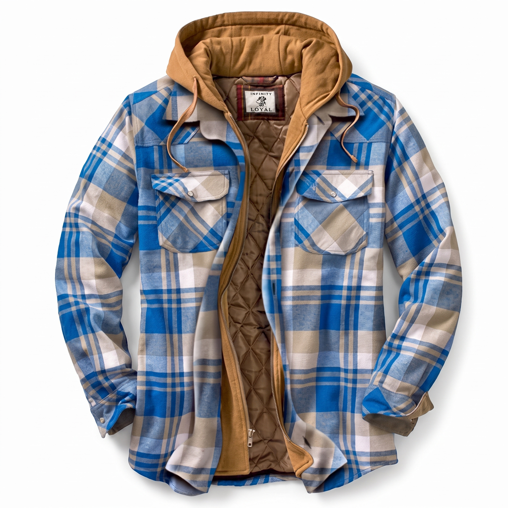 Men's Flannel Hooded Jacket - Plaid Pattern in Blue - white background