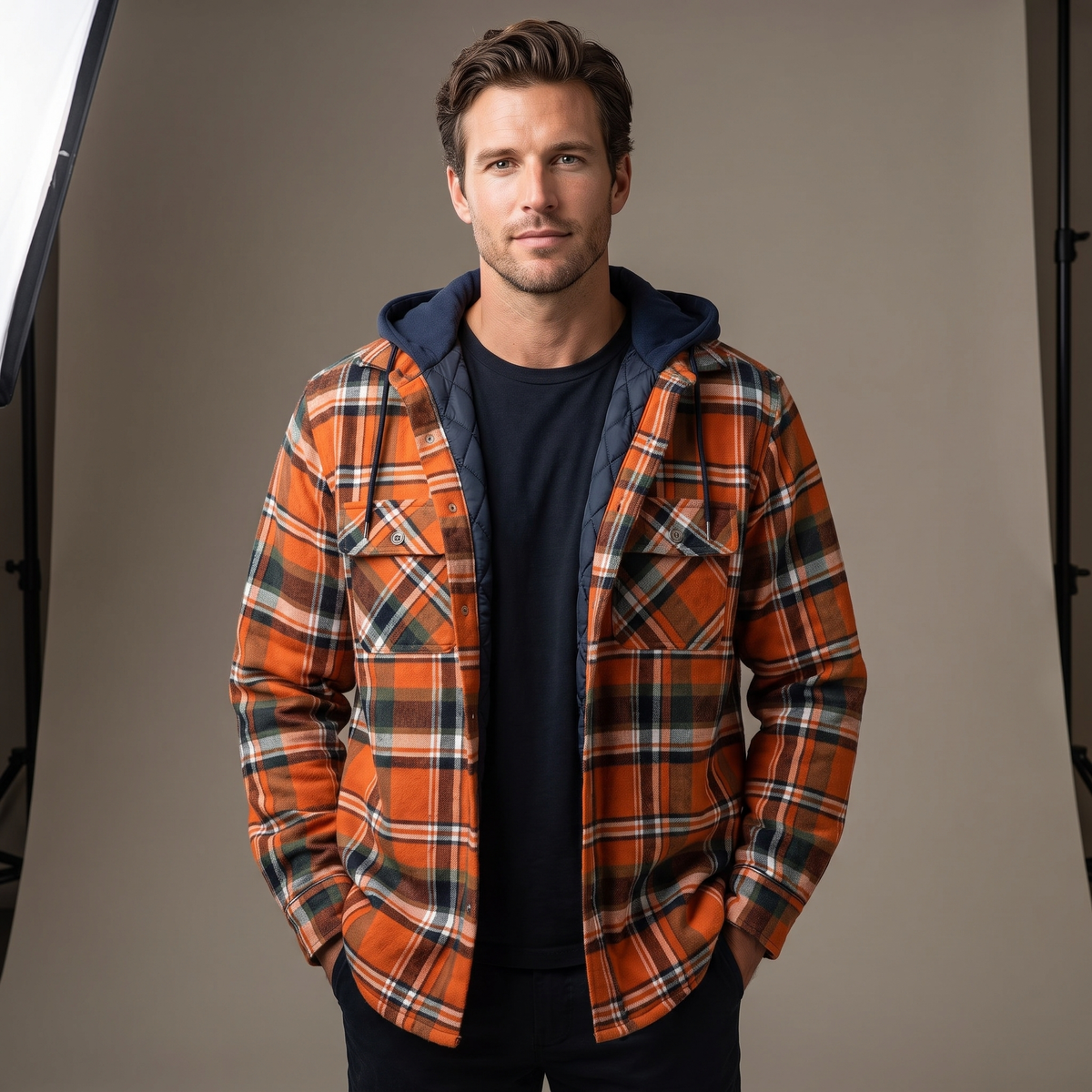 Men's Flannel Hooded Jacket - Plaid Pattern in Orange - worn by model