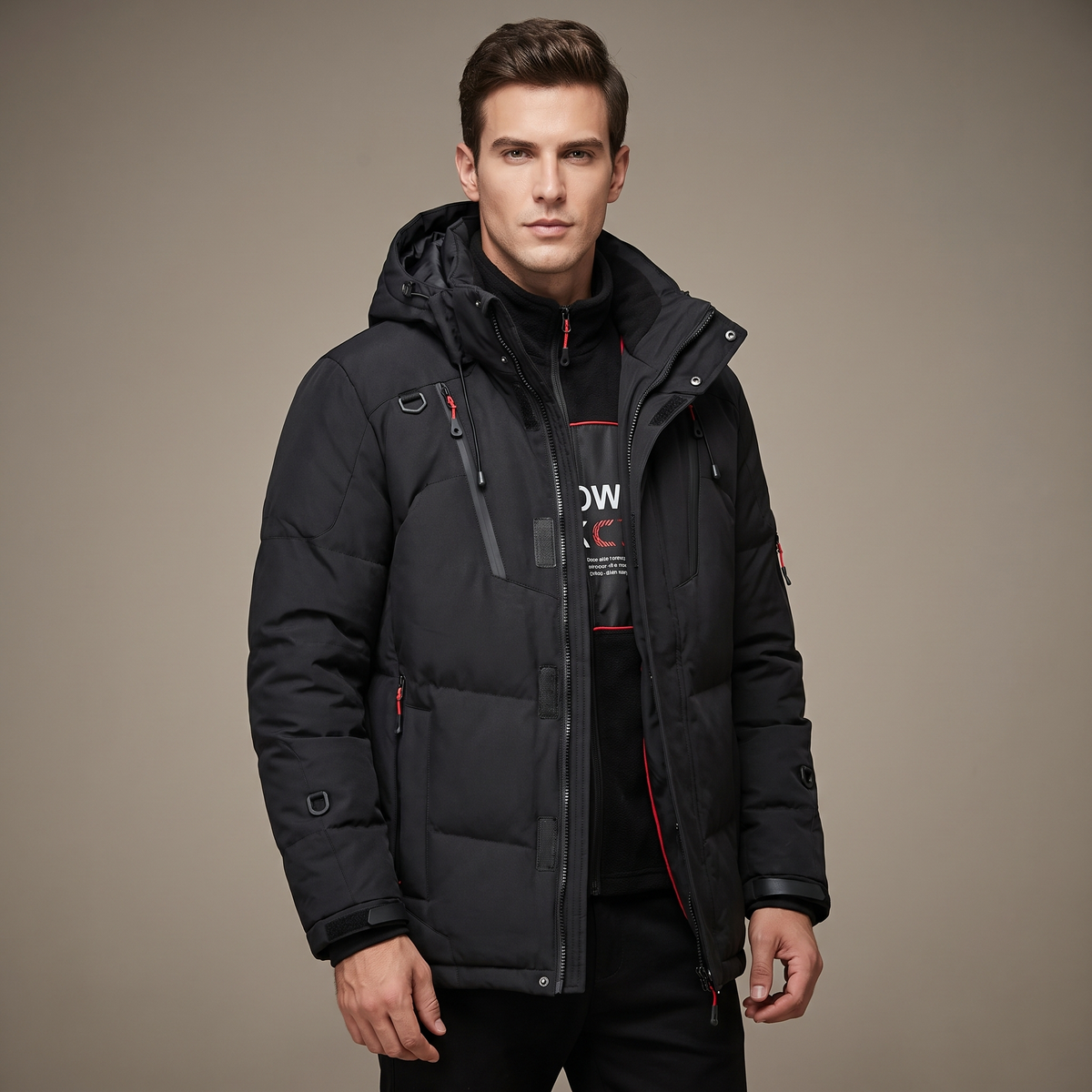 Men's fleece-lined parka with hood, black - worn by model