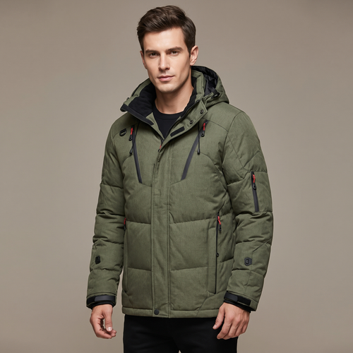 Men's fleece-lined parka with hood, green - worn by model