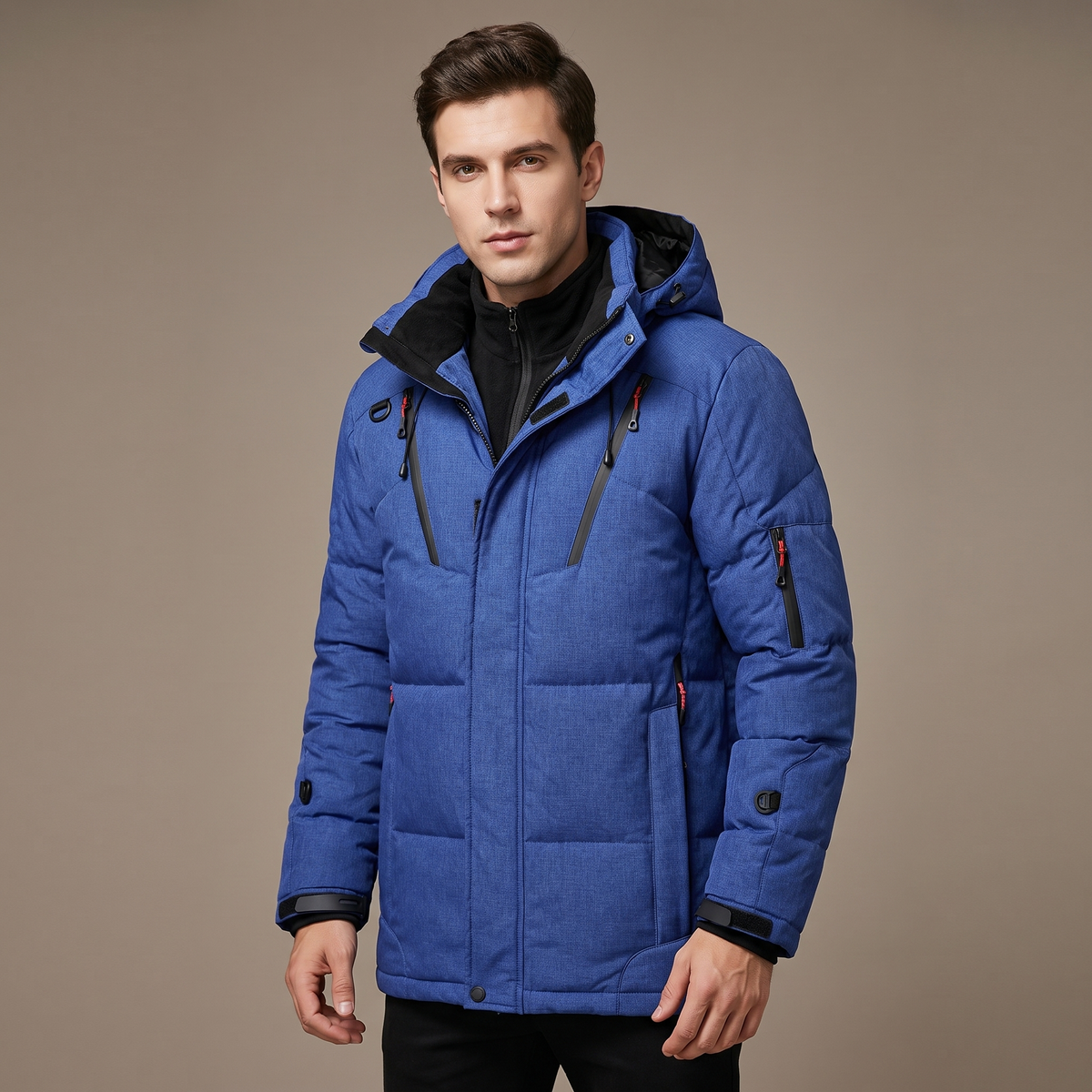 Men's fleece-lined parka with hood, blue - worn by model