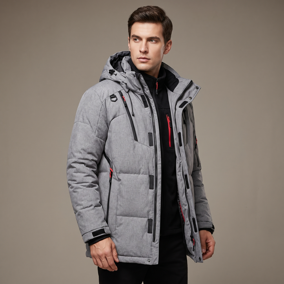 Men's fleece-lined parka with hood, grey - worn by model