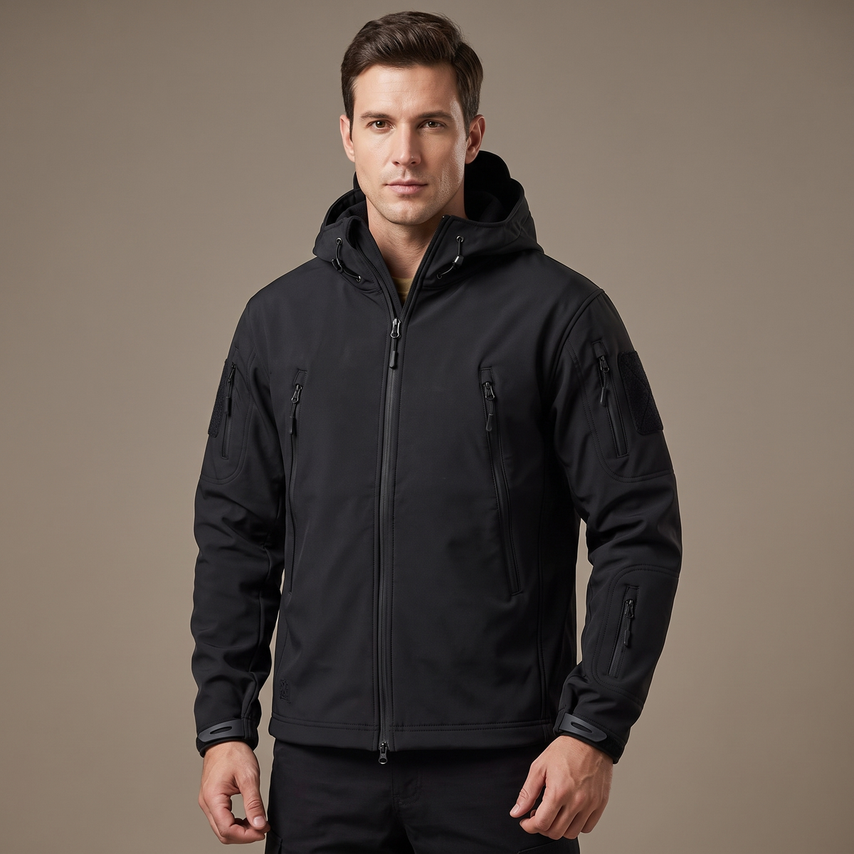 Men's softshell jacket with hood, black - worn by model