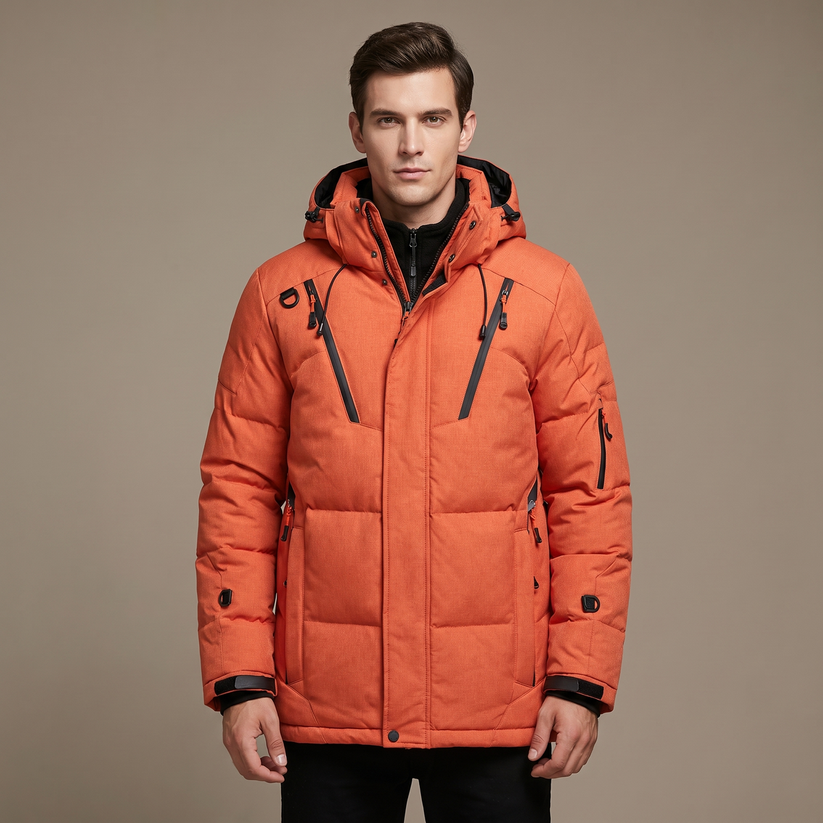 Men's fleece-lined parka with hood, orange - worn by model