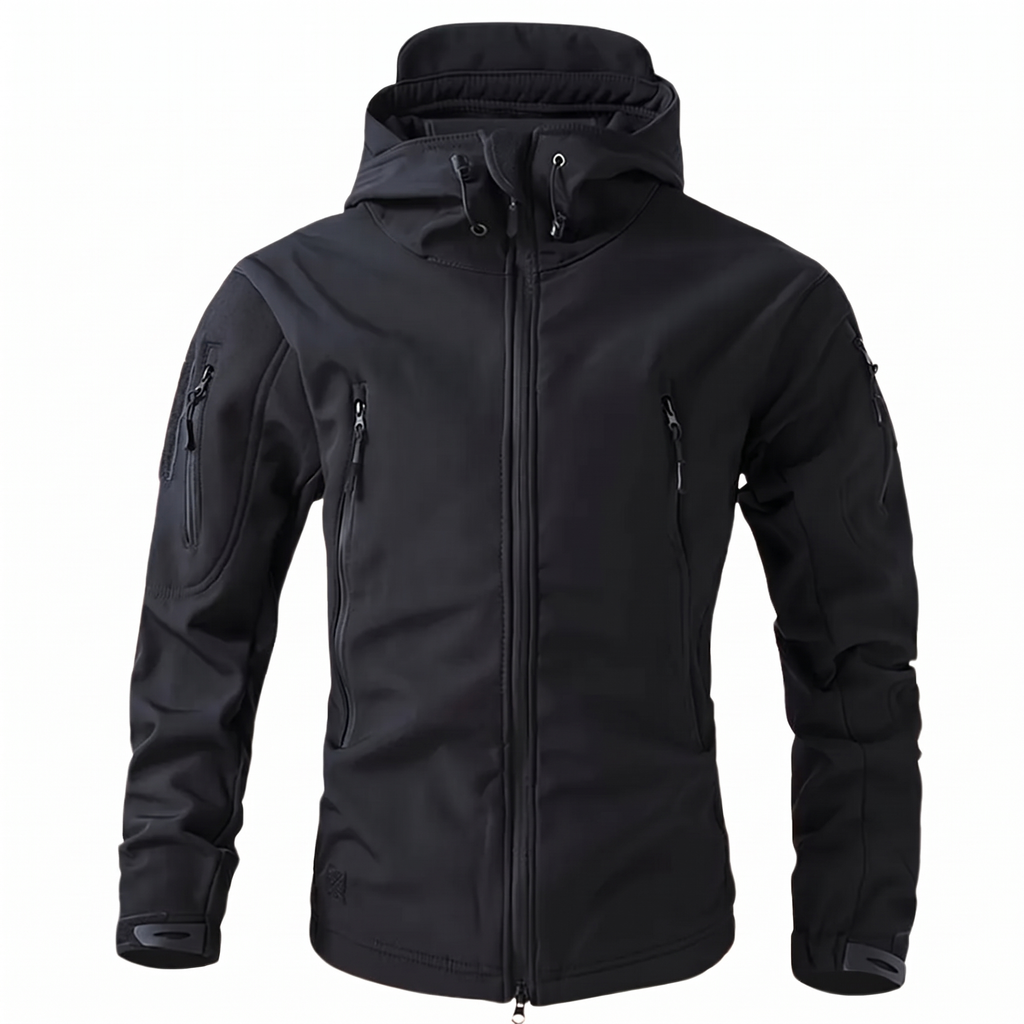 Men's softshell jacket with hood, black - product photo